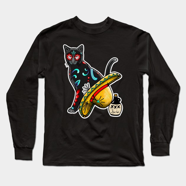 Gato en un Sombrero - Day of the Dead Cat - Dia de los Muertos Sugar Skull Kitty Long Sleeve T-Shirt by prettyinink